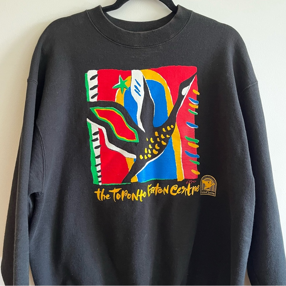 Made in USA Fruit of the Loom Black Crewneck Sweater with Colorful Graphic